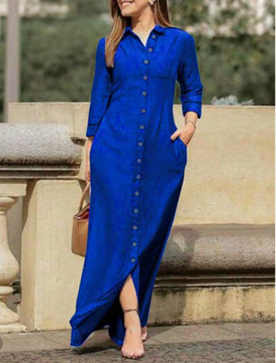Picture of Cotton women casual blue maxi shirt dress