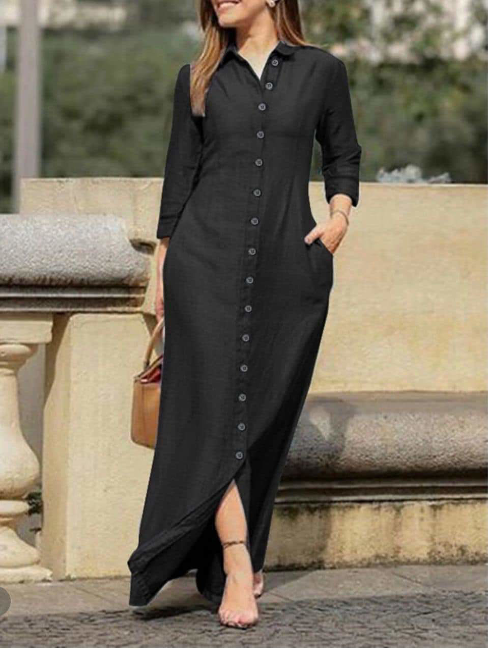 Picture of Cotton women casual black maxi shirt dress