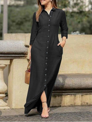 Picture of Cotton women casual black maxi shirt dress