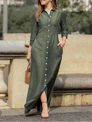 Picture of Cotton women casual green maxi shirt dress