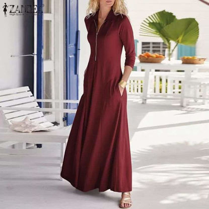 Picture of Casual zipper maxi red dress with pockets