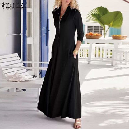 Picture of Casual zipper maxi black dress with pockets